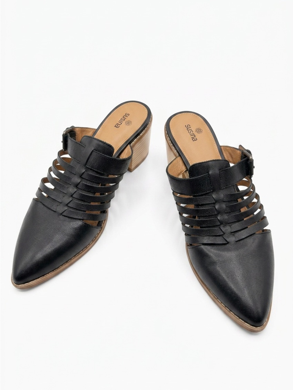 Susina Black Multi-Strap Pointed Mule Heels
